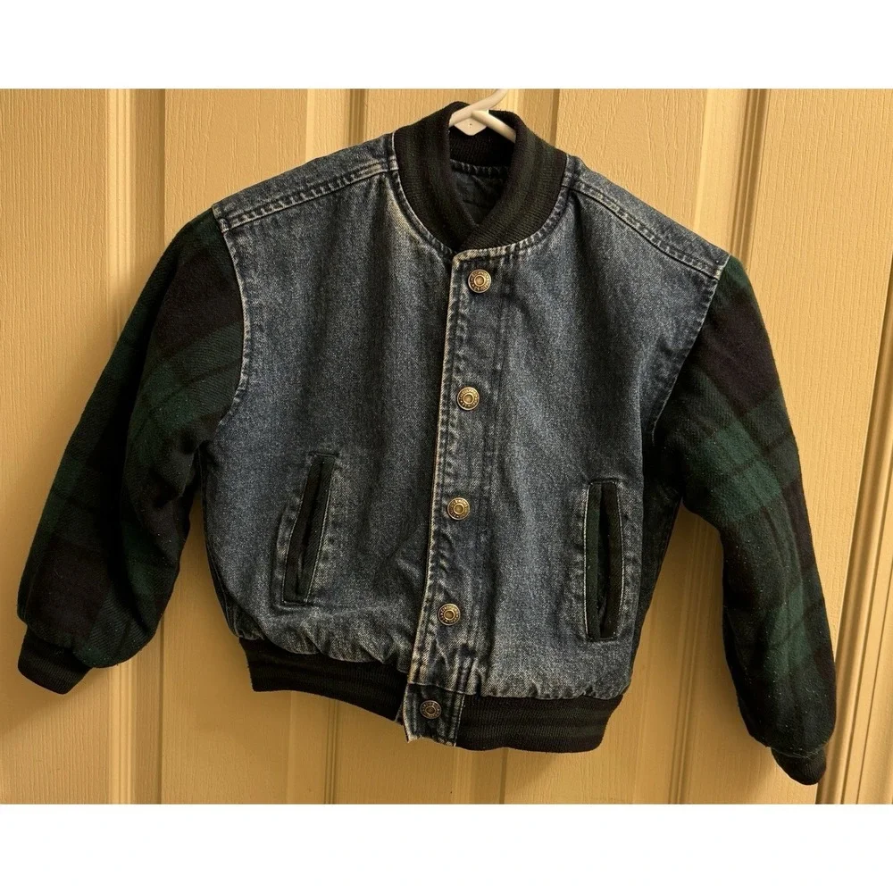 GAP Vintage 90s Denim Varsity Bomber Jacket Wool Blend Sleeves Kids Small/P EUC